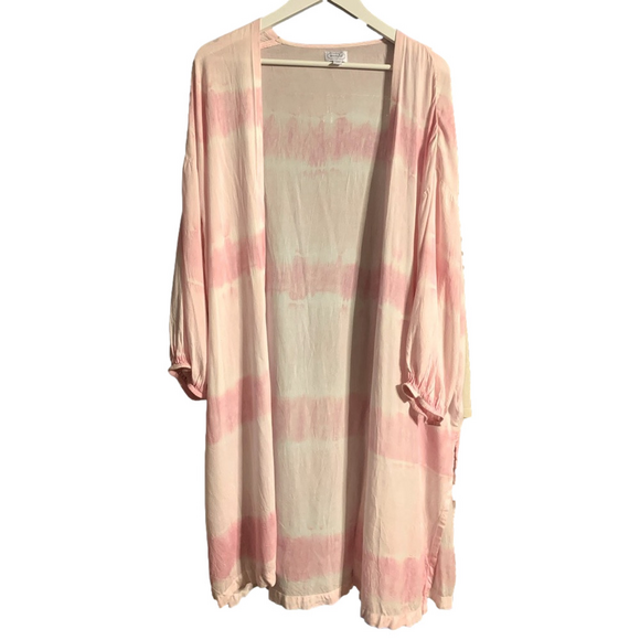 🩷🤍Mud Pie Kimono Duster Tuscany Pink White Tie Dye Balloon Long Sleeve🤍🩷 - Picture 2 of 6